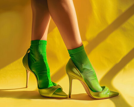 Green Stiletto Heels Paired with Socks, Warm Yellow Hue, Abstract Artistry