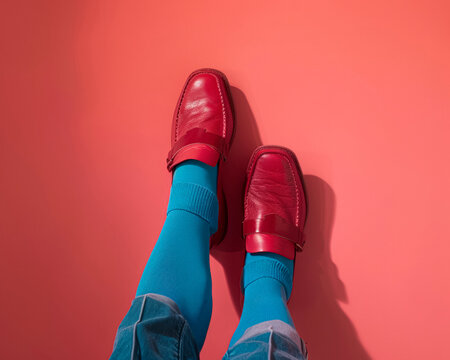 Crimson Loafers and Blue Socks, Bold Contrast on Red, Casual Elegance