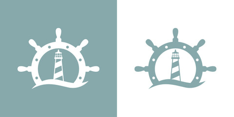 Logo Nautical. Icono de torre marítima en puerto. Silueta de timón de barco con faro de luz con olas de mar - obrazy, fototapety, plakaty