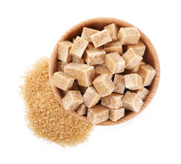 Different types of brown sugar and bowl isolated on white, top view