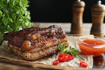 Piece of baked pork belly served with sauce and chili pepper on wooden board, closeup