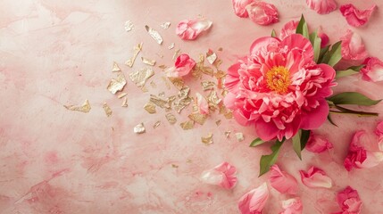 peony with pieces of foil with space for text.
