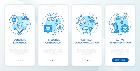 Kolbs experiential theory blue onboarding mobile app screen. Education walkthrough 4 steps editable graphic instructions with linear concepts. UI, UX, GUI template. Myriad Pro-Bold, Regular fonts used - obrazy, fototapety, plakaty