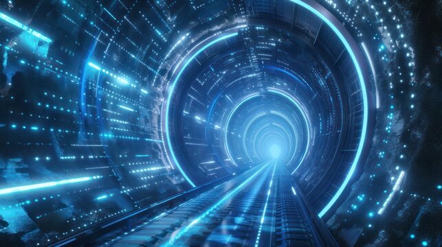 A virtual tunnel on a background with ample copy space, showcasing the blue neon lights and digital corridor against a backdrop of light speed and futuristic portals