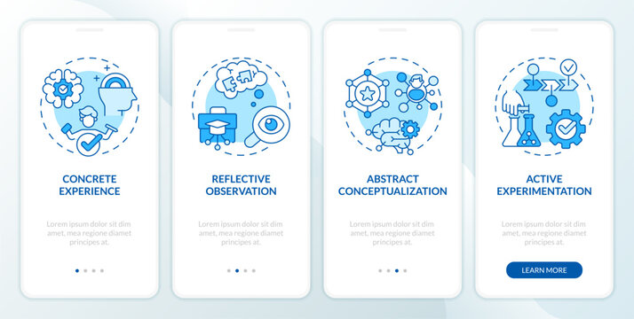 Kolbs experiential theory blue onboarding mobile app screen. Education walkthrough 4 steps editable graphic instructions with linear concepts. UI, UX, GUI template. Myriad Pro-Bold, Regular fonts used