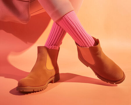 Tan Chelsea Boots with Pink Ribbed Socks, Coral Reflections, Effortless Style