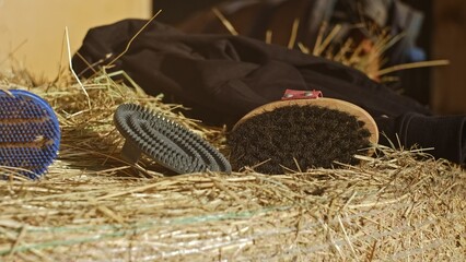 Horse Grooming Kit Body Brush and Flexible Large Rubber Curry Comb Left on Hay Roll in Stables
