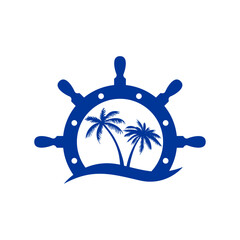 Logo Nautical. Vacaciones de verano. Silueta de timón de barco con la palma y olas