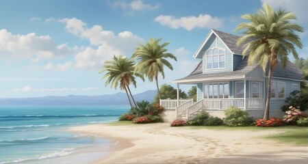 Showcase the serene beauty of a beachfront cottage with an ultra-realistic depiction, highlighting the reflection of palm trees in the windows, the sandy path leading to the shore-Ai Generative