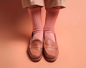 Terracotta Loafers and Socks, Standing on Peach Hue, Modern Classic Vibe