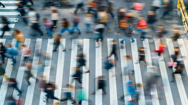 Aerial view shot of a crowd of people walking on the city street or road, over the crosswalk, blurred in motion. Busy pedestrian or zebra, rush hour, people in a hurry. Central town district