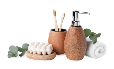 Bath accessories. Set of different personal care products and eucalyptus leaves isolated on white