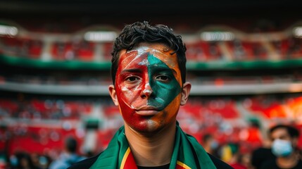 Happy portugal fan with face paint in flag colors, cheering at stadium, copy space for text