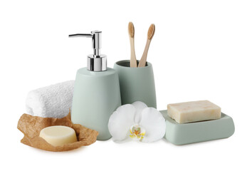Fototapeta na wymiar Bath accessories. Set of different personal care products and flower isolated on white