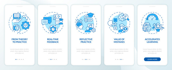 Learning advantages blue onboarding mobile app screen. Experiences walkthrough 5 steps editable graphic instructions with linear concepts. UI, UX, GUI template. Myriad Pro-Bold, Regular fonts used