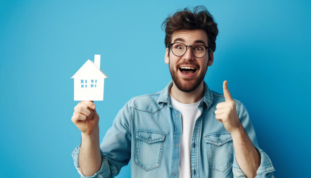  real estate agent showing house model , on a blue background