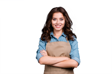 Nice stylish cheerful lovely sweet attractive brunette girl, barista with wavy hair in casual denim shirt and apron, crossed hands, isolated over grey background