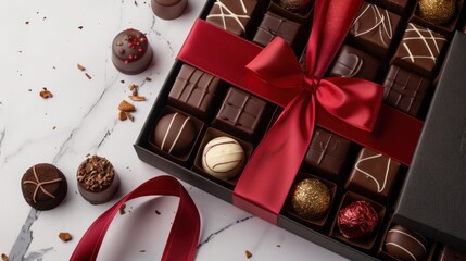 A luxurious collection of handcrafted chocolates presented in a gift box adorned with a red ribbon - obrazy, fototapety, plakaty