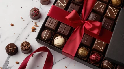 Fotobehang A luxurious collection of handcrafted chocolates presented in a gift box adorned with a red ribbon © olegganko