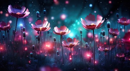 a field with flowers and lights in the background.