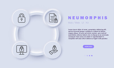 Safety line icon. Personal information, privacy protection, file, hand, monitor, lock, keyhole. Neomorphism style. Vector line icon for business and advertising