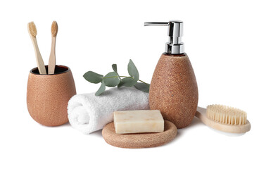 Bath accessories. Different personal care products and eucalyptus branch isolated on white