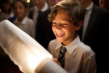 Young jewish boy smiling during his bar mitzvah ceremony at synagogue.