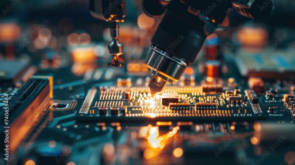 Poster an advanced robotic arm is meticulously assembling electronics on a circuit board, showcasing automa