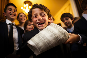Young jewish boy smiling during his bar mitzvah ceremony at synagogue.