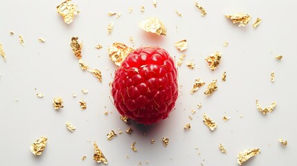 raspberries with pieces of foil on a white background.