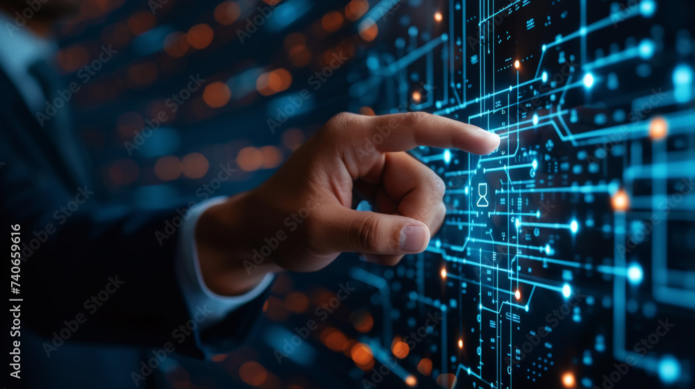 Wall mural businessman touching virtual display to connect digital software of network services. digital future