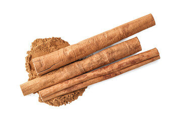 Dry aromatic cinnamon sticks and powder isolated on white, top view