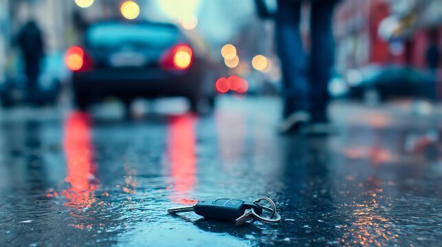 Low angle closeup photography of a man who lost his car keys. Keys on the asphalt street, man walking away from him, forgetting to pick it up. Dropped on the ground