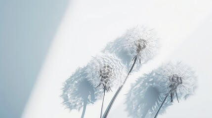 Detailed macro shot of group of dandelions seeds on white background with sun rays. Aesthetic concept. Generative AI