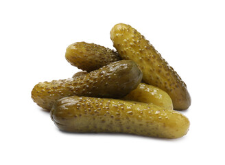 Pile of tasty pickled cucumbers isolated on white