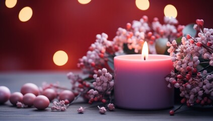 Obraz na płótnie Canvas a candle, flowers and decorative hearts accompanied by a blurred background