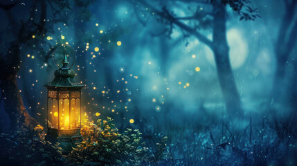 Mystical night in dark forest with gold glowing lantern, Copy space