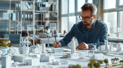 Engineer sitting in an office designing models of turbines, solar panels, clean energy grids.