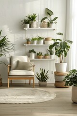 A minimalist living room adorned with indoor plants