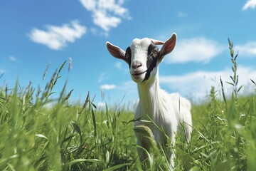 Serene scene of a goat leisurely grazing on a sunlit meadow in the midst of summer