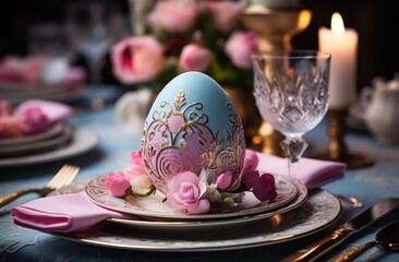 easter table setting with paper napkin and egg, pink and blue