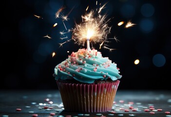 a blue birthday cupcake with a sparkler in the middle