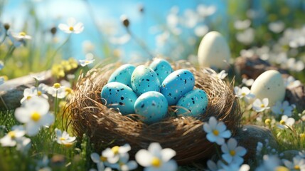 Fototapeta na wymiar easter eggs eggs in nests with daisies