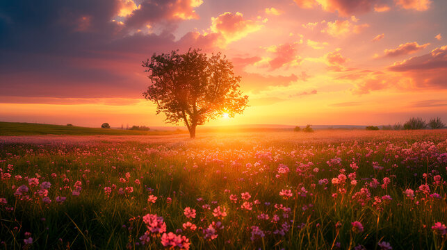 Sunset over Vast Blossoming Meadow Landscape, Generative AI