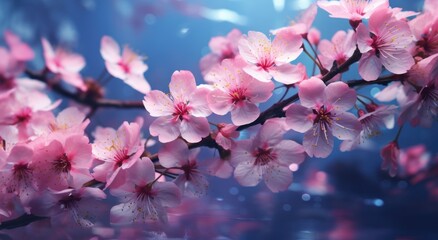 a landscape of pink flowers on a blue background