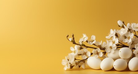 Naklejka na ściany i meble easter eggs and flowers on a yellow background