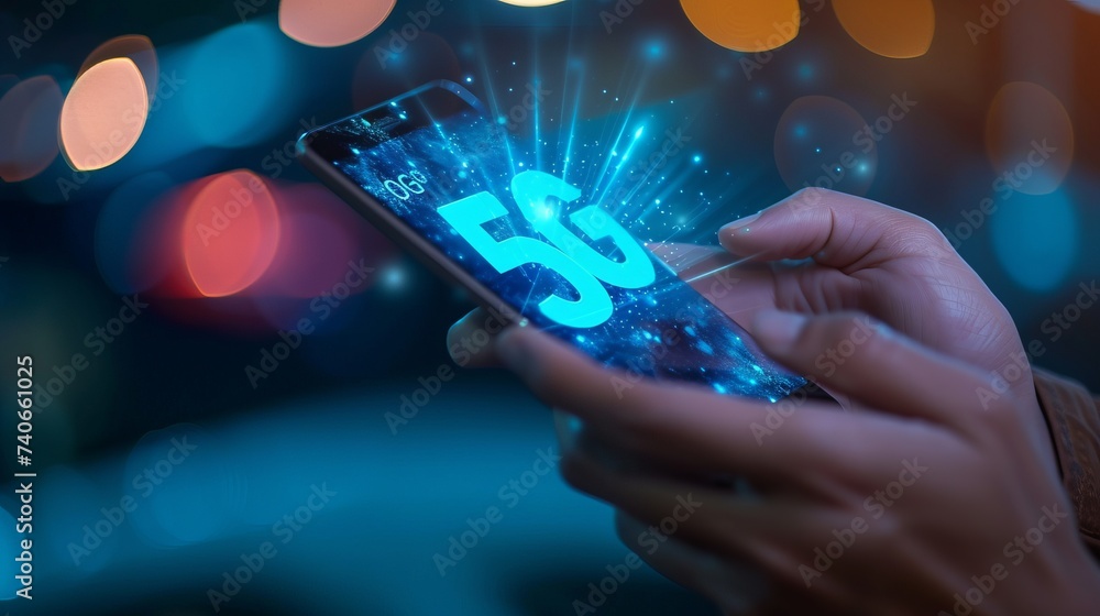 Poster interactive holographic 5g text icon over mobile phone with copy space for text placement