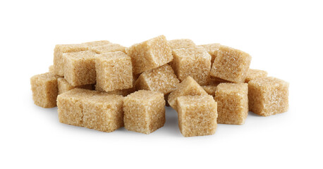 Many brown sugar cubes isolated on white