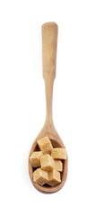 Brown sugar cubes in wooden spoon isolated on white, top view
