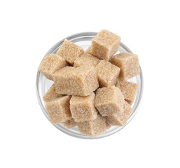 Brown sugar cubes in glass bowl isolated on white, top view